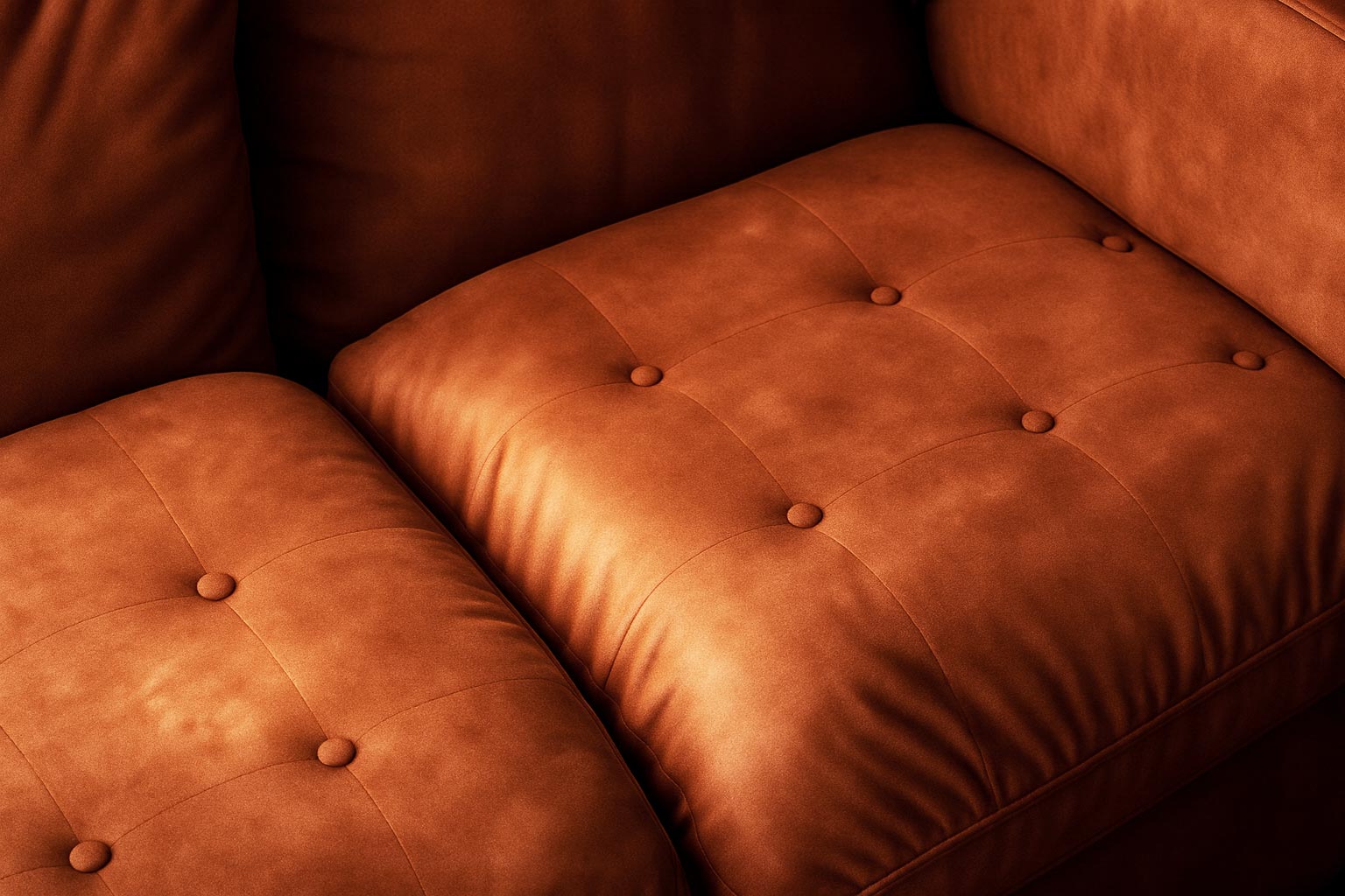 Brown suede tufted sofa cushion with button detailing in warm interior lighting.
