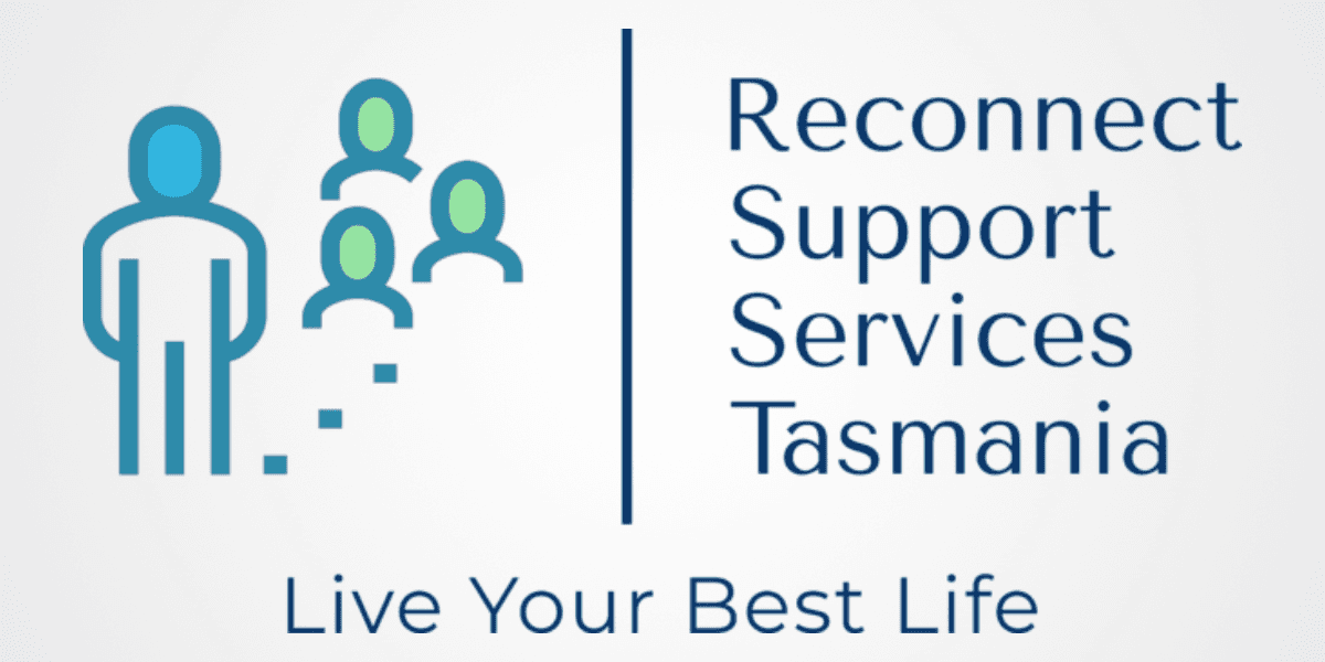 Stylized figures representing people next to text reading "Reconnect Support Services Tasmania" with the motto "Live Your Best Life" underneath.