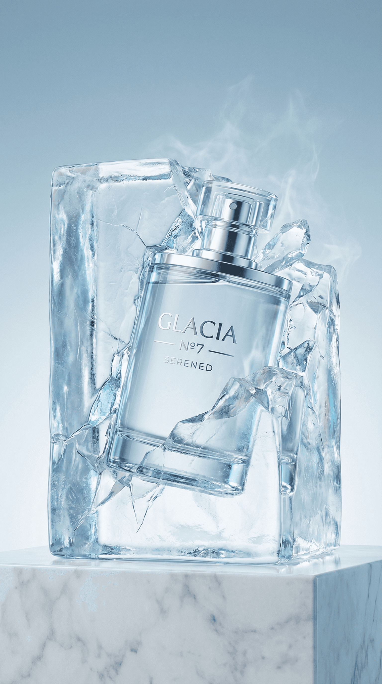 Glacia N°7 Serened perfume bottle encased in cracked ice on marble plinth