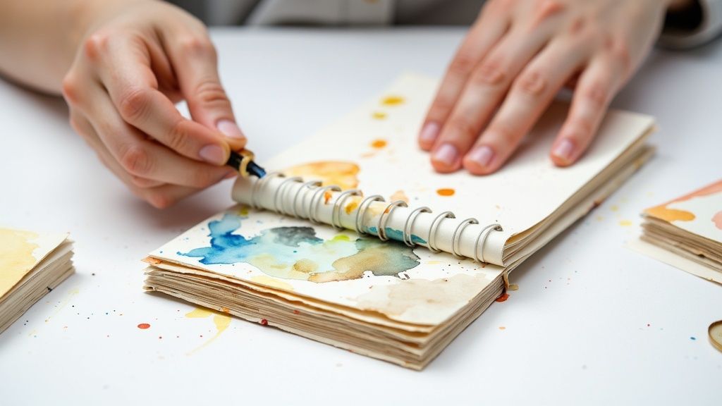 Close-up of hands painting with watercolors in a spiral sketchbook, with colorful splatters.