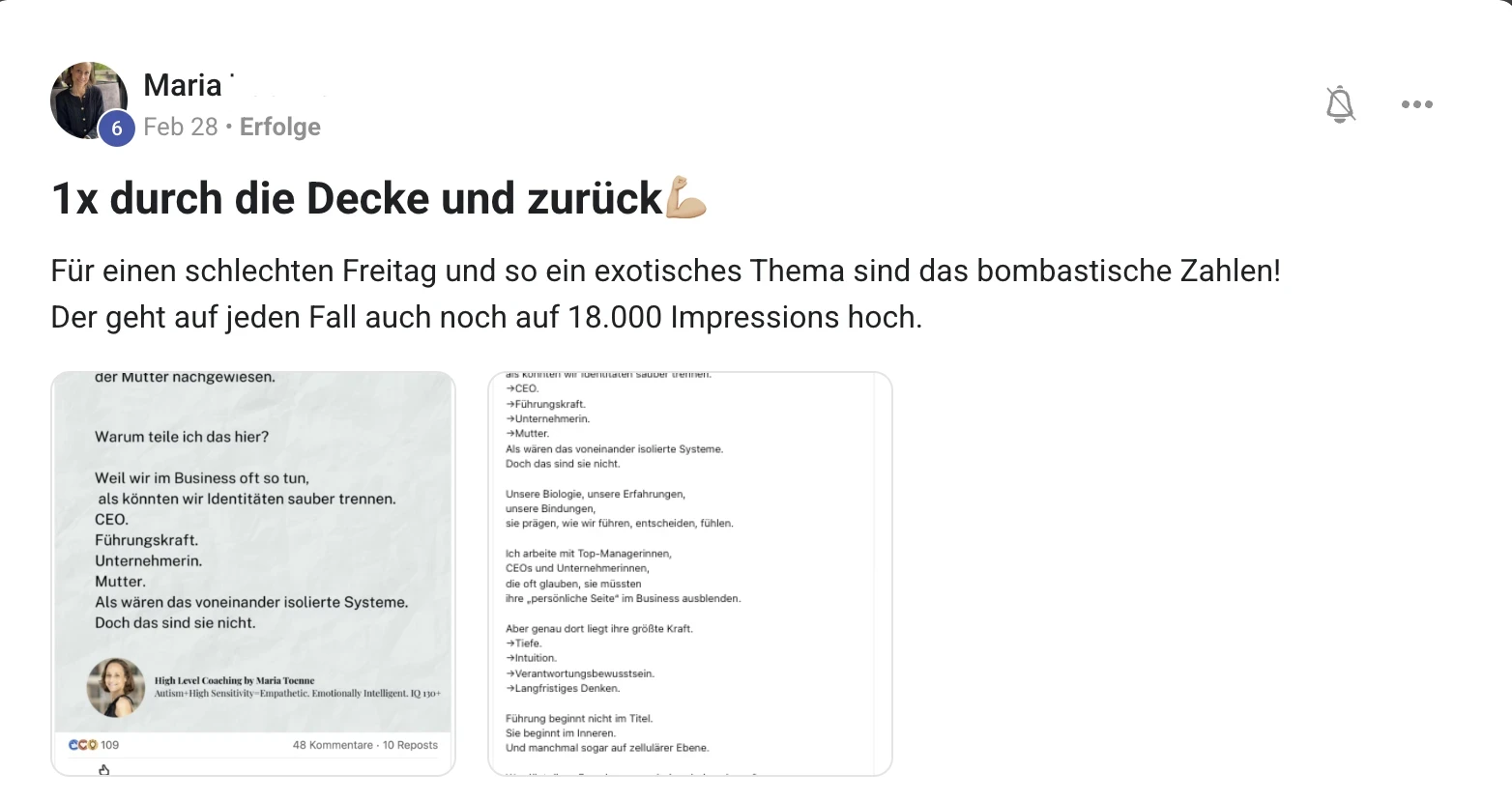 Kundenstimme KI Creator Akademie: Coach Maria mit LinkedIn-Post auf 18.000 Impressionen
