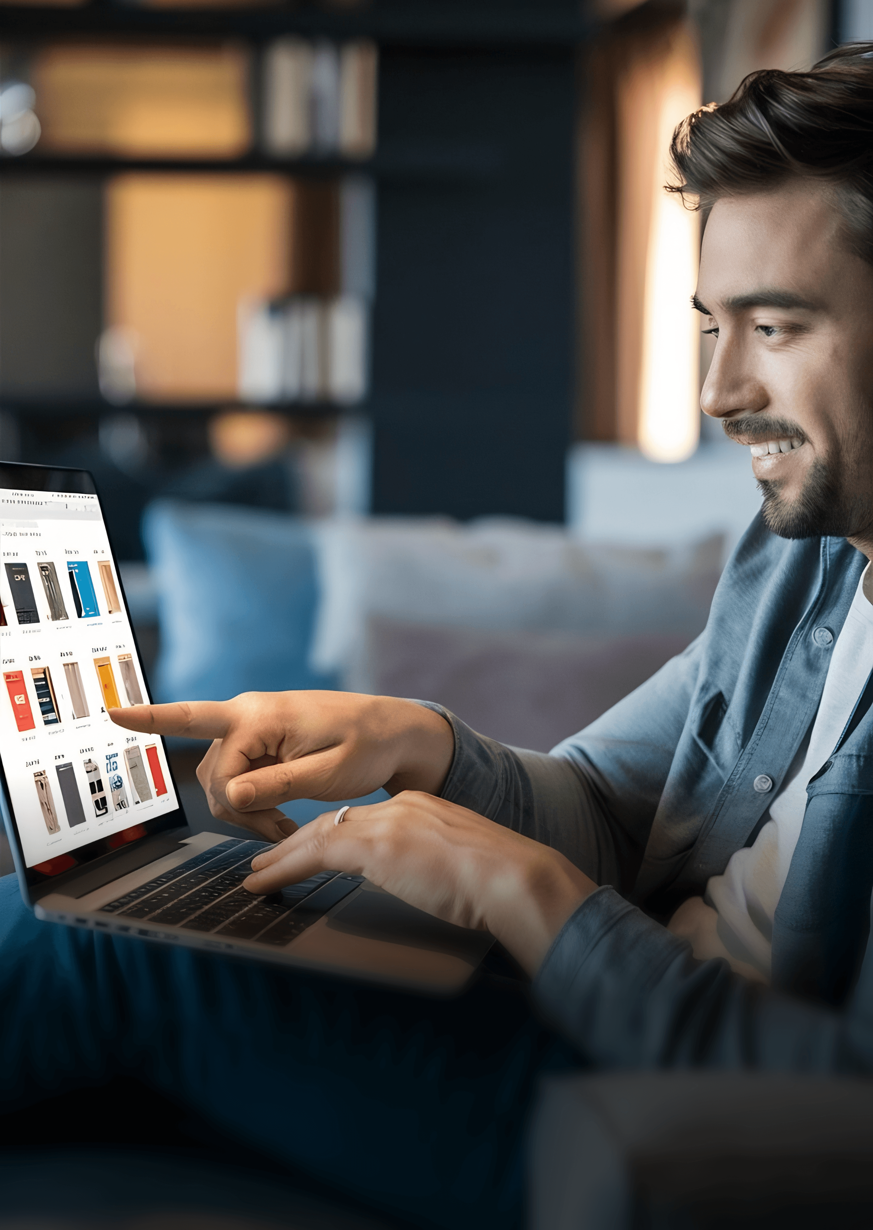photo of a man pointing at something on a laptop