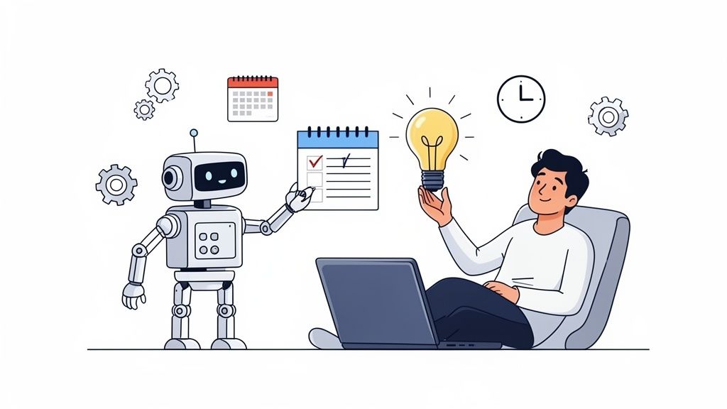 A robot assists a man with task management and idea generation, symbolizing AI-assisted productivity.