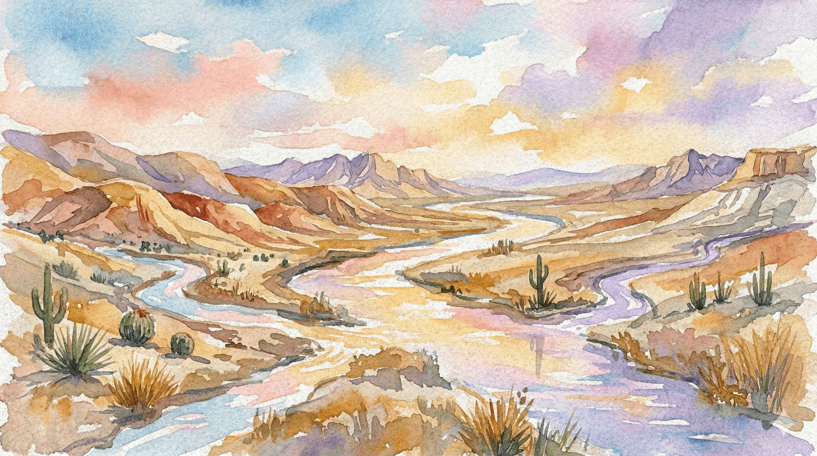 Watercolor desert valley with winding streams and lavender mountains at sunset
