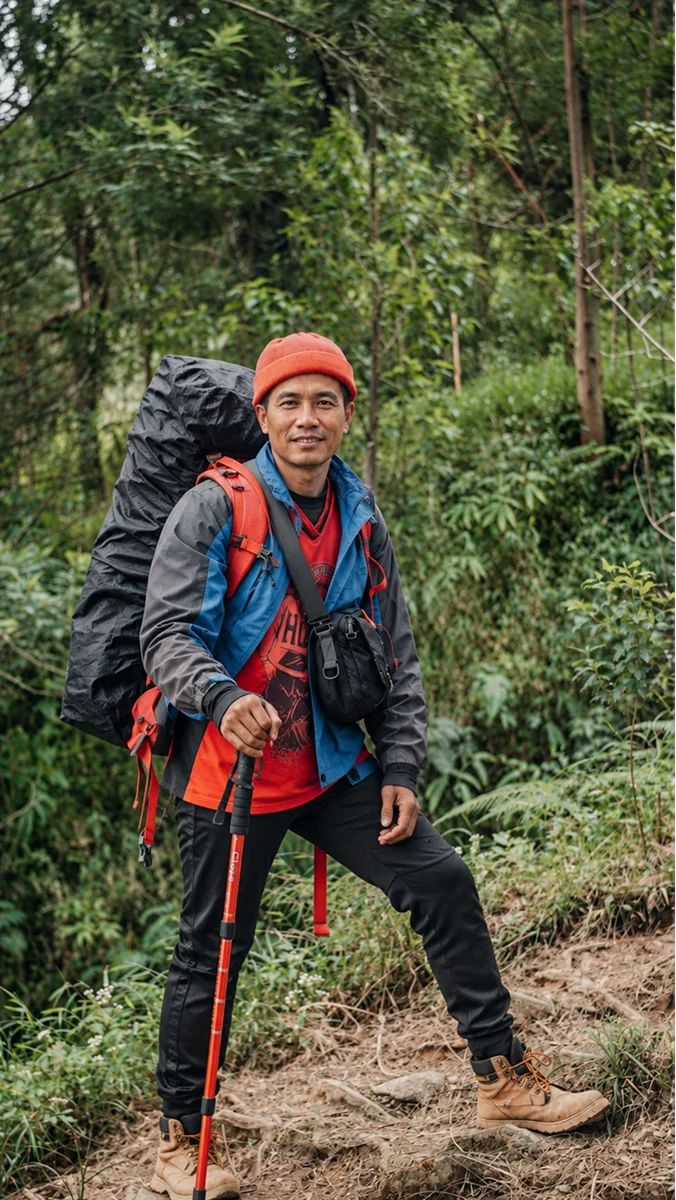 Backpacker with walking poles standing on a forest trail