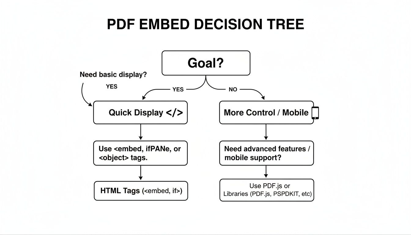 Decision tree illustrating choices for embedding PDF documents in web pages, covering basic display and advanced features.