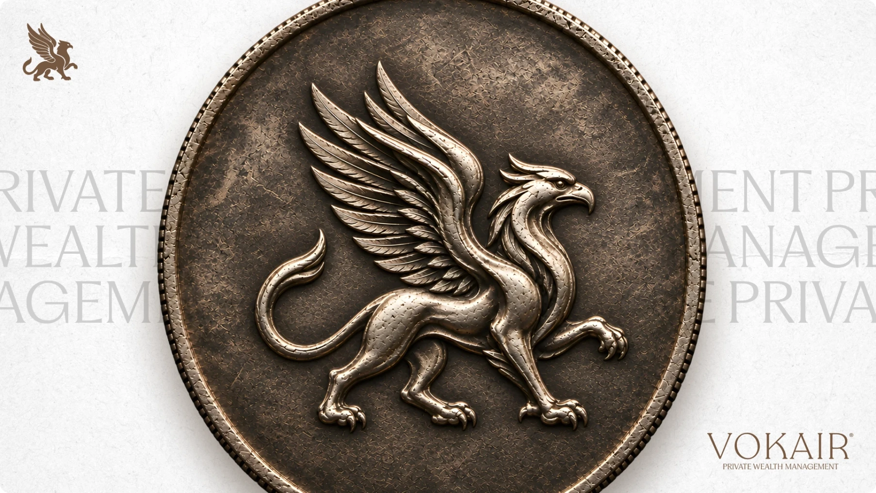 Antique bronze medallion featuring a detailed winged griffin in relief, set against a white background with faint private wealth management branding.
