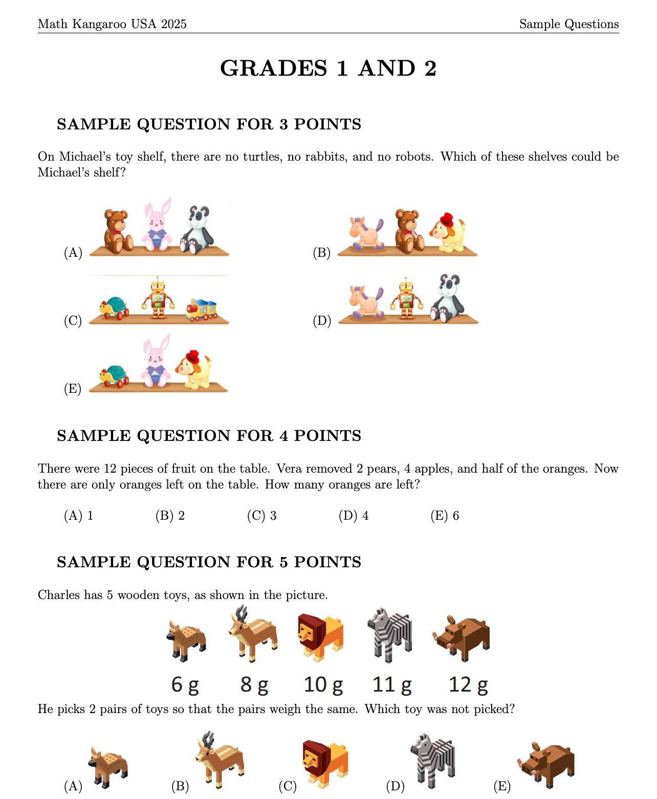 Sample questions from the Math Kangaroo 2025 competition for grades 1 and 2