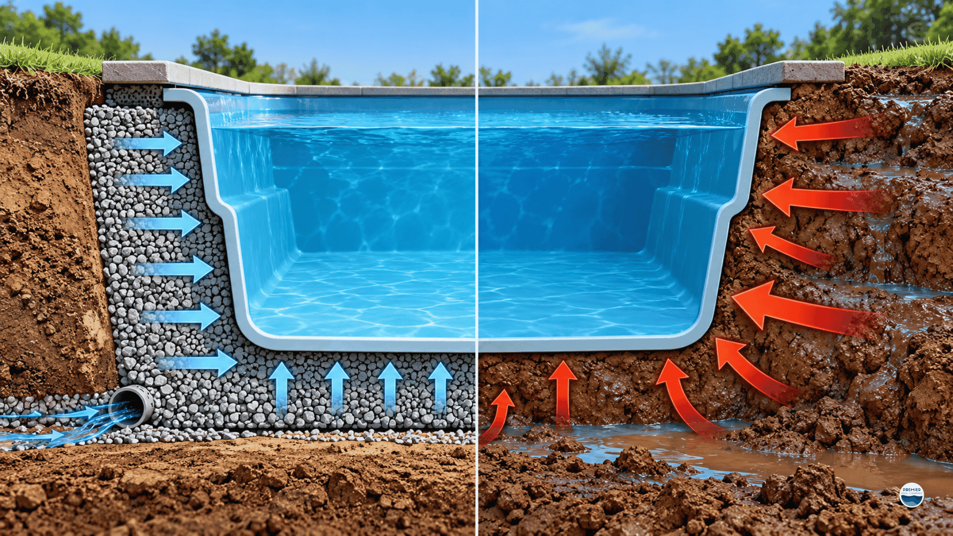 Why do fiberglass pools crack diagram showing uneven Ohio clay pressure compared with proper stone backfill
