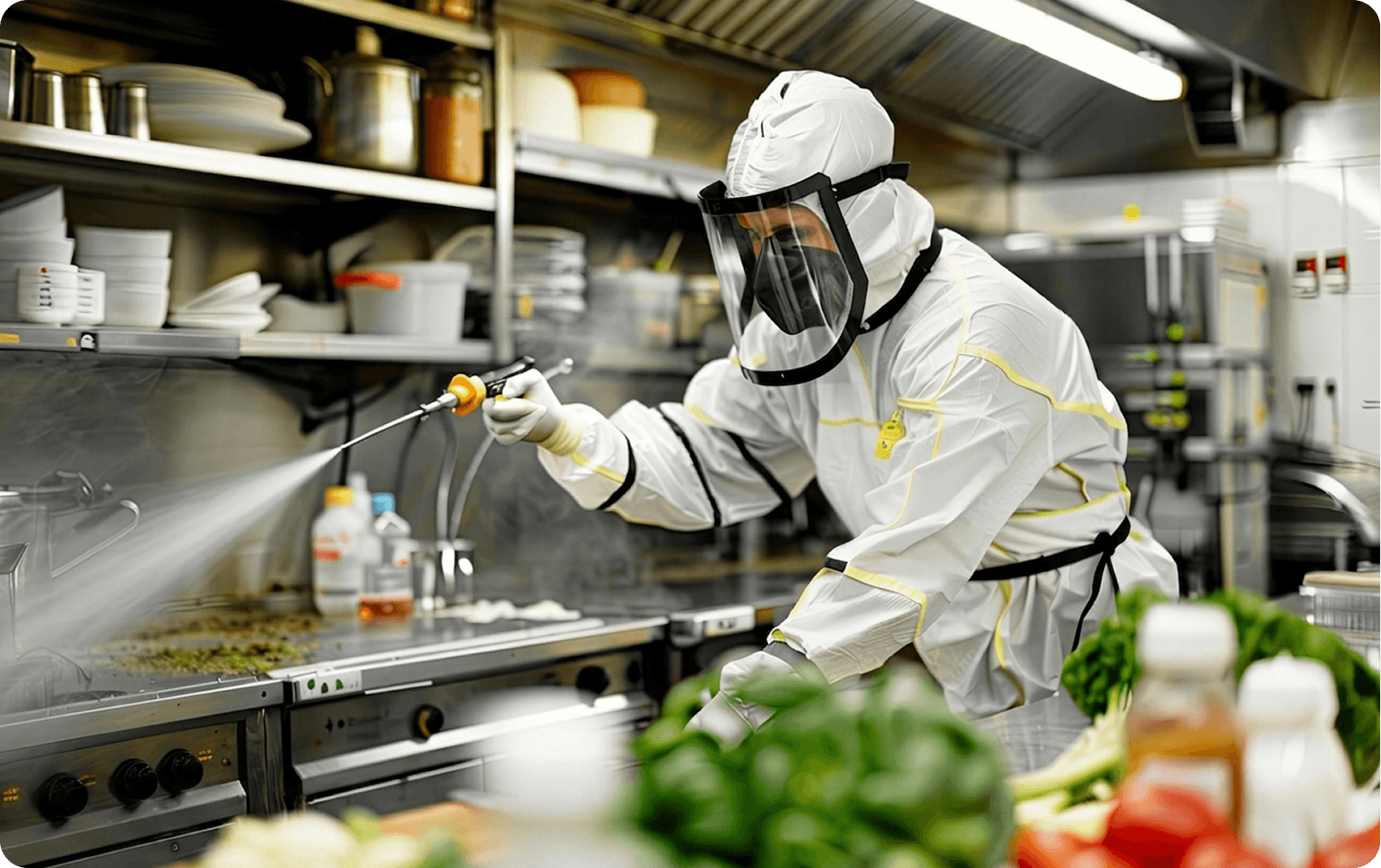 Pest control technician treating a commercial kitchen