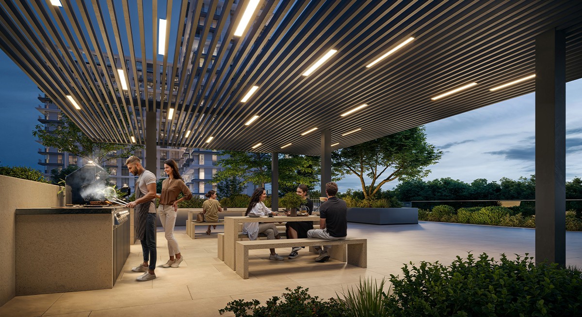 Artistic rendering of the restaurant interior at Palace Residences Hillside, featuring stylish furnishings and ambient lighting.