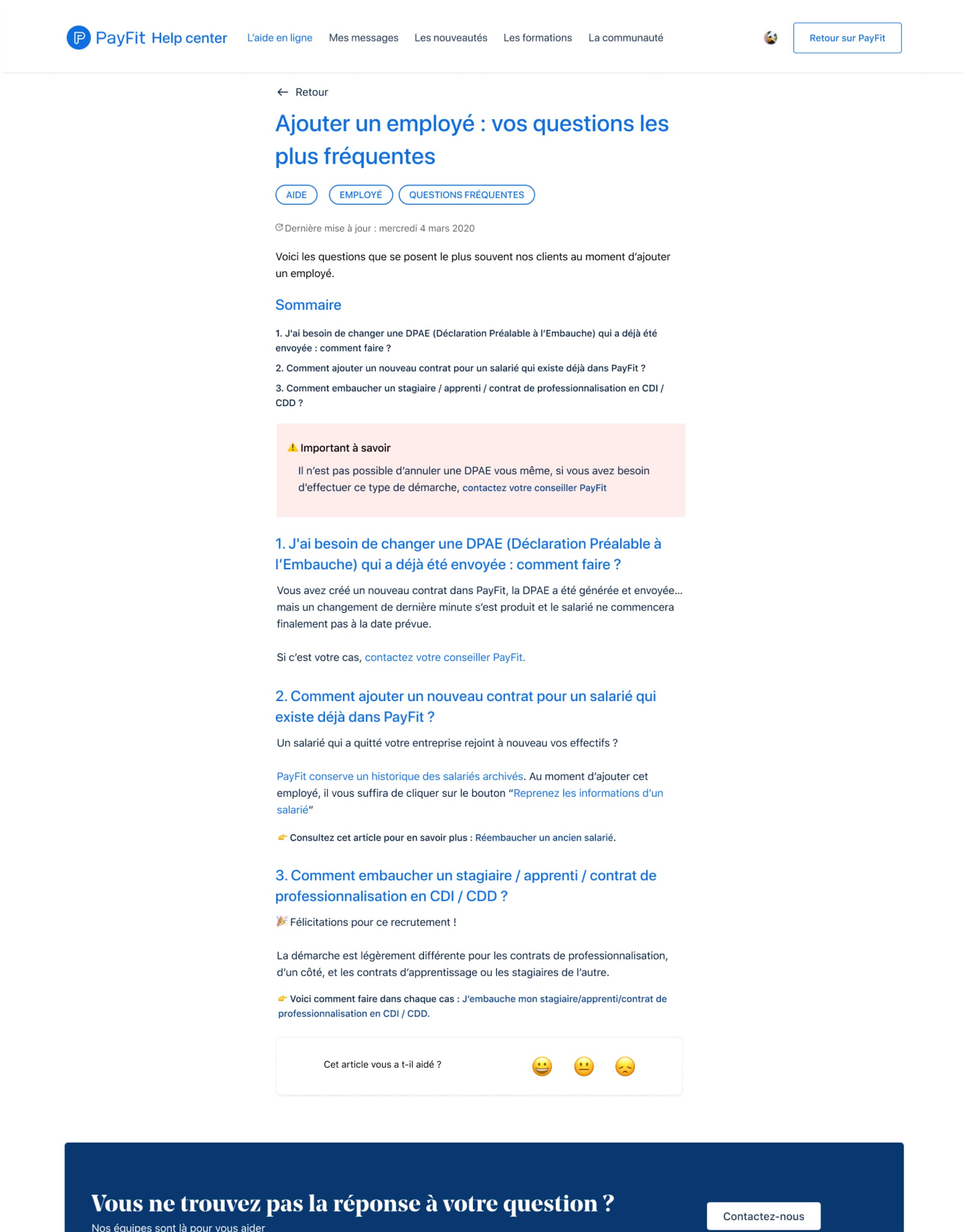 Wireframes mid-fidelity du help center PayFit — homepage générique, homepage contextuelle par pays, et page article, réalisés pour tester les parcours utilisateurs internes et clients.