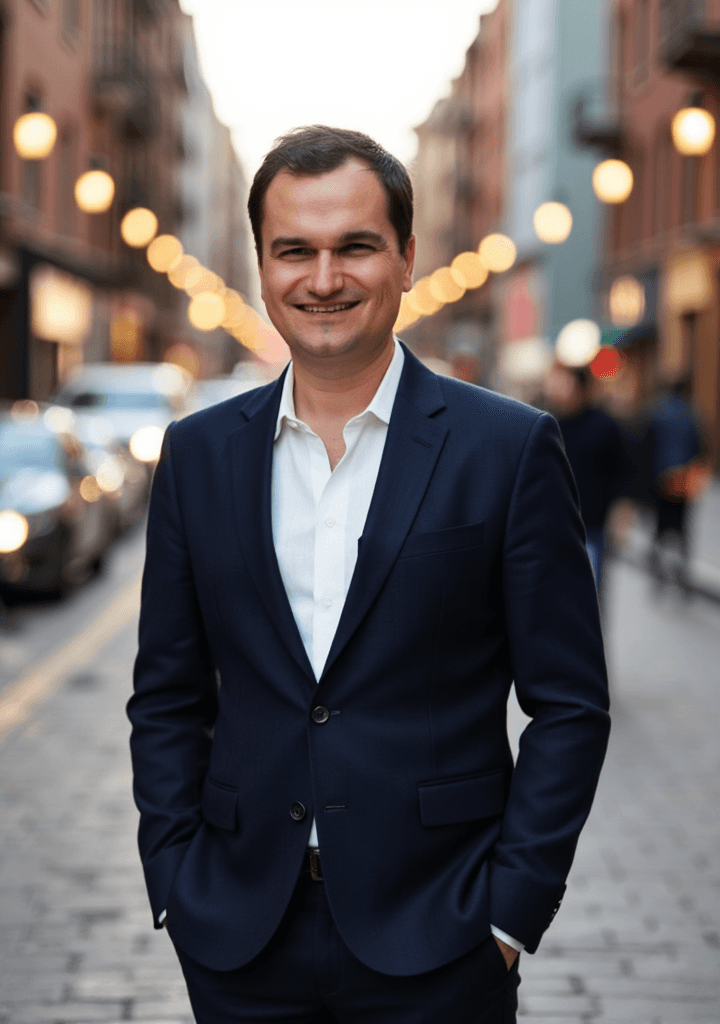 A man wearing a navy blazer stands on a blurred city street with warm lights in the background. Text labels such as innovation, marketing, digital products, content, and research appear around them.