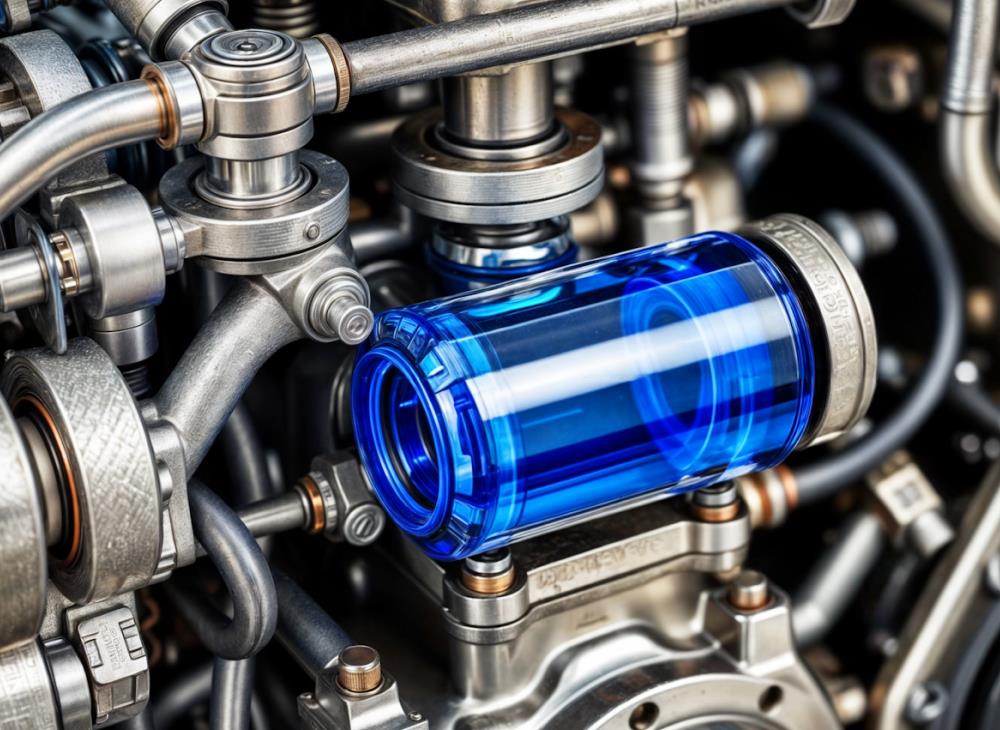 Close-up of intricate engine mechanics featuring metallic components and a striking blue cylindrical part. The scene conveys precision and innovation.