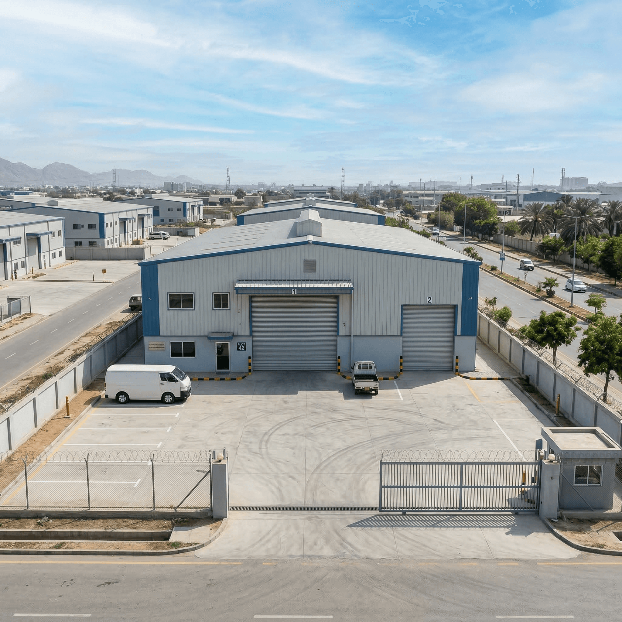 Aerial drone shot of a modern industrial park with neatly divided empty land parcels, paved access roads, and utility infrastructure visible, golden hour lighting, cinematic real estate photography style, no text