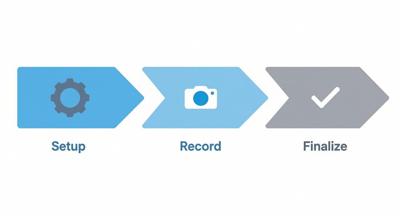 Three-step process diagram showing setup (gear), record (camera), and finalize (checkmark) stages on a white background.