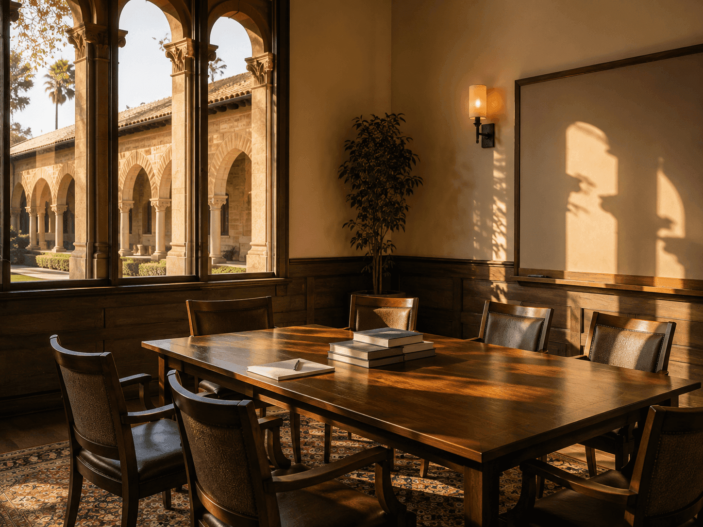Cozy classroom seminar table with books beside arched cloister windows