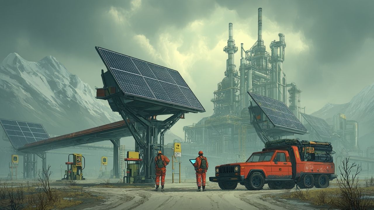Engineers with a red truck at a solar-powered industrial facility in the mountains