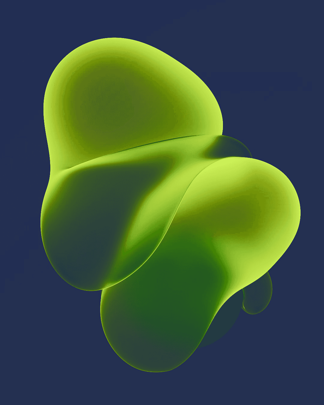 A smooth, abstract green shape with a glossy surface, featuring organic, flowing curves against a solid dark blue background.
