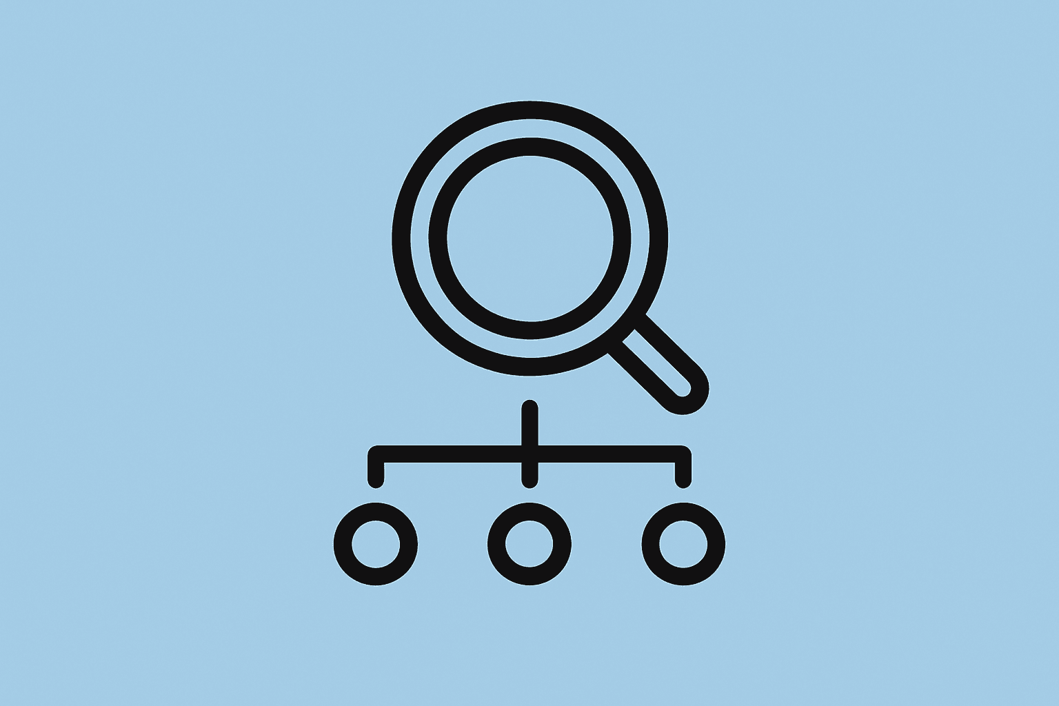A magnifying glass connected to a network of three data points, symbolizing integration of multiple data sources like LinkedIn and company websites.