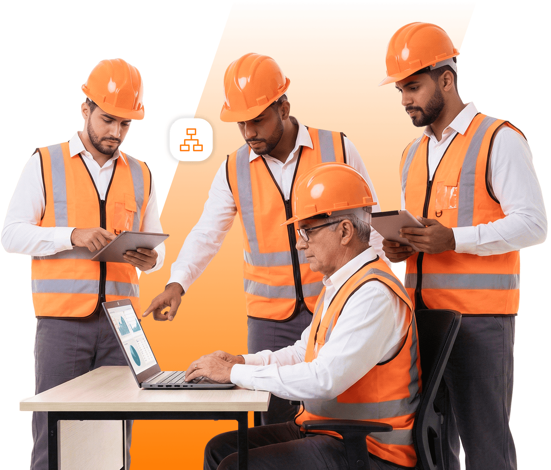 Profissional de segurança com capacete, óculos e protetor auricular, fazendo 'joinha' e segurando um tablet. Ao lado, o logo 'GEC - gestão de empresas contratadas', simbolizando a segurança na gestão de terceiros.