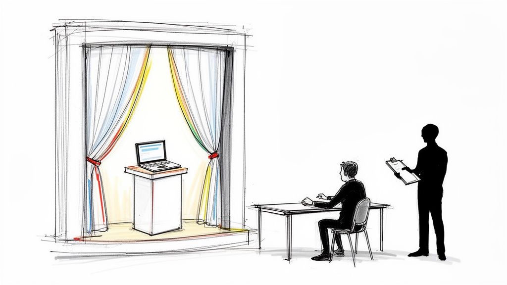 Illustration of a user experience test: a person uses a computer, observed by an evaluator with a clipboard.