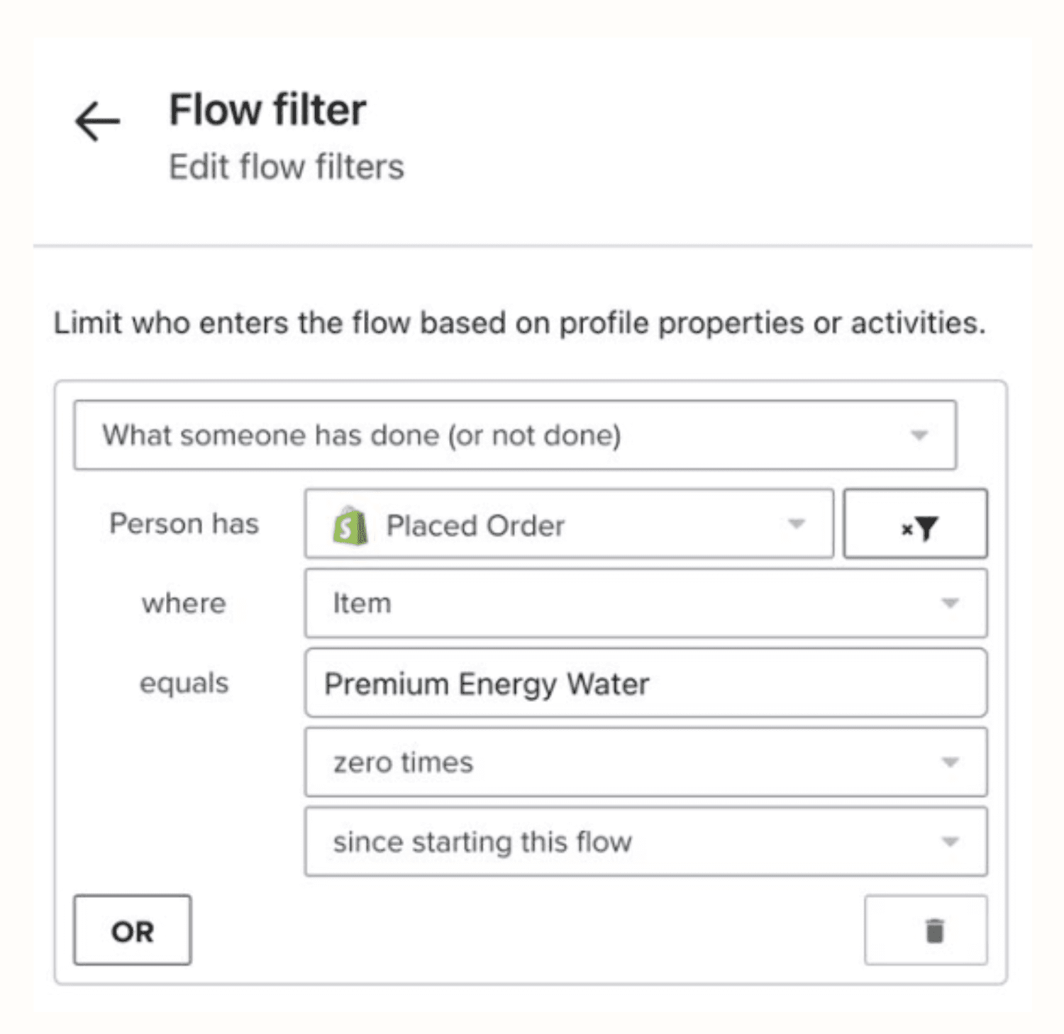 Flow Filter.png – A Klaviyo flow filter setup restricting entry based on purchase history, ensuring only customers who haven't reordered a specific product receive the email.