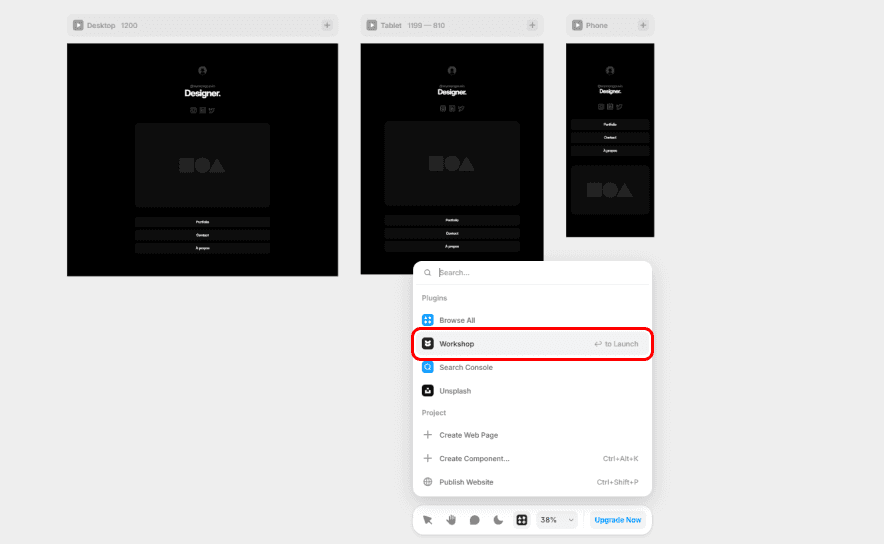 Lancer le plugin Workshop depuis le menu d'actions dans Framer