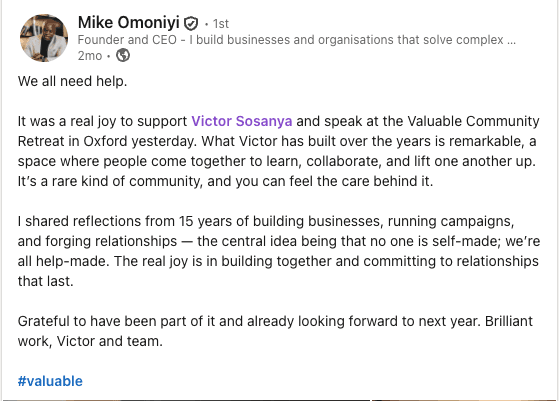 LinkedIn post expressing appreciation for The Valuable Retreat organisers.