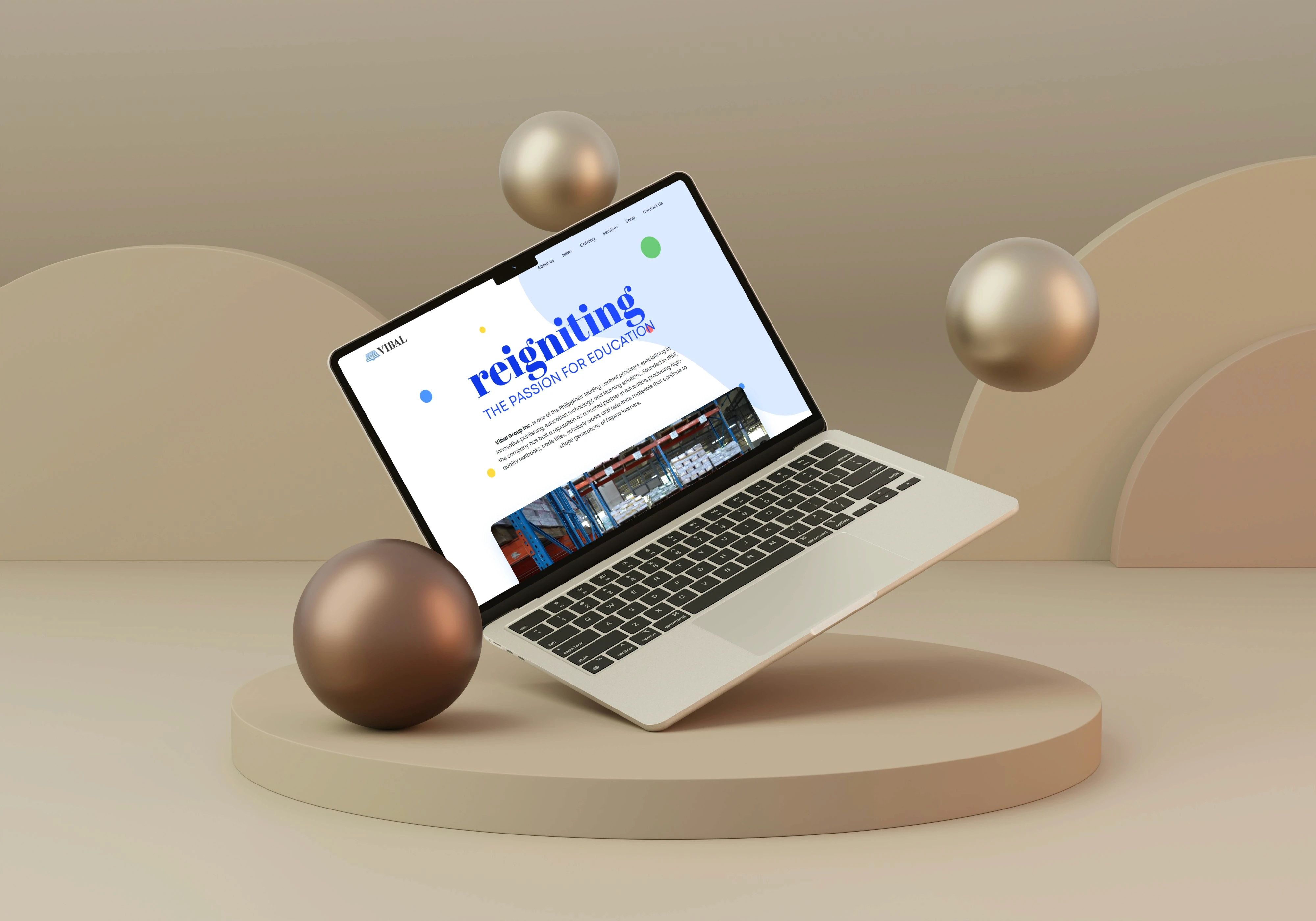 Vibal Group website design hero section displayed on a floating laptop mockup.