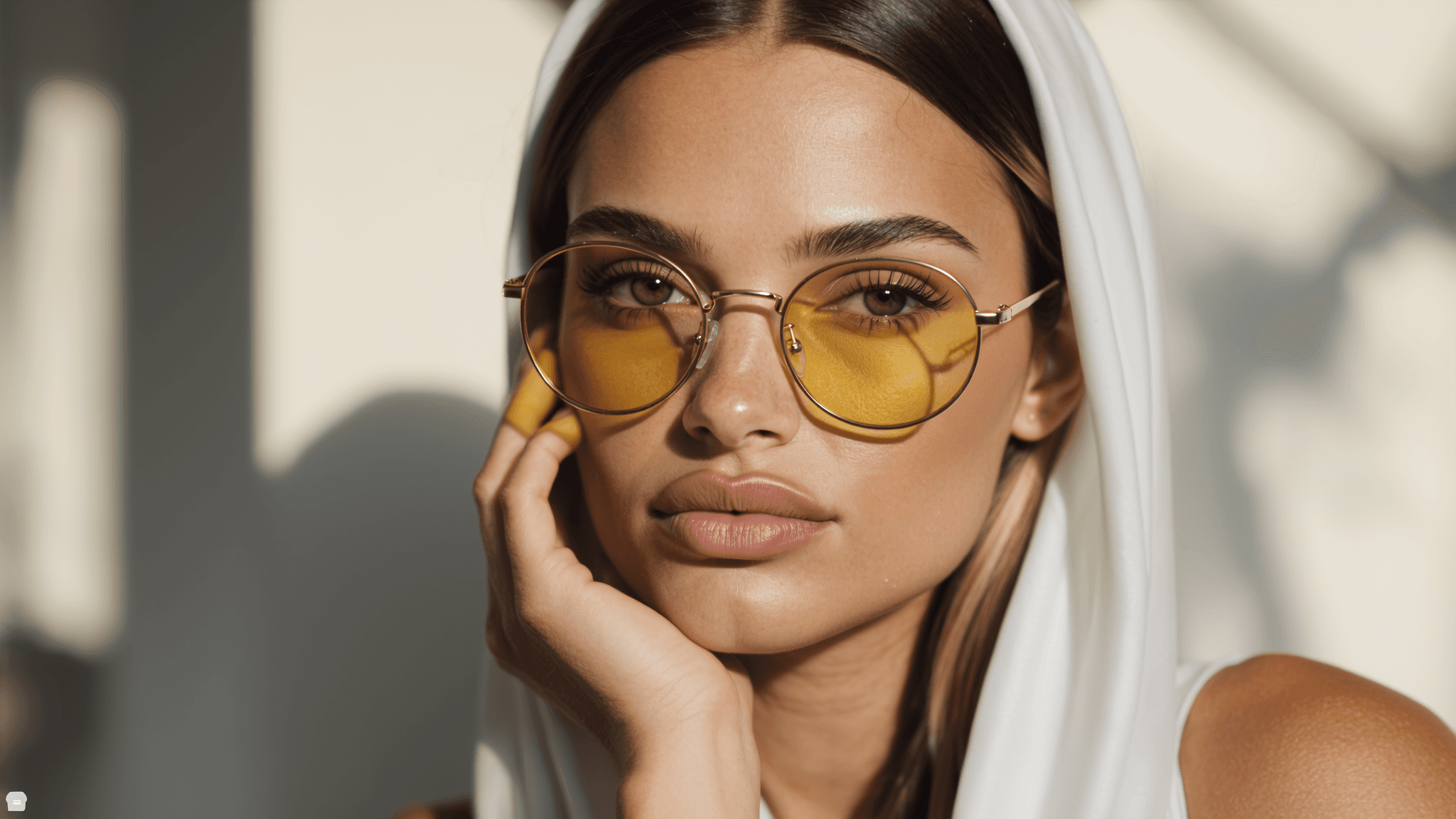 KI-Model mit gelben Rundgläsern und weißer Kapuze posiert im warmen Licht, Nahaufnahme mit Fokus auf Augen, Lippen und weichen Schatten