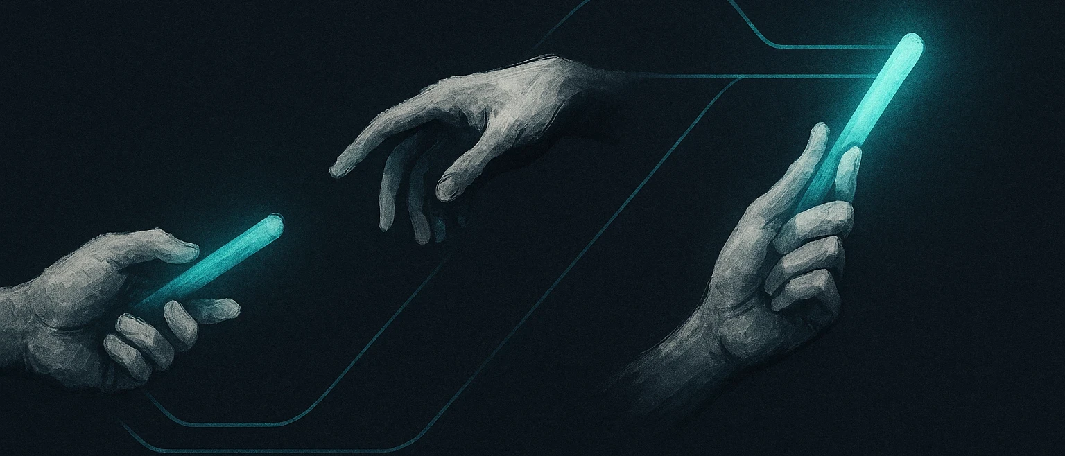 Three sumi-e ink hands passing a single glowing teal baton between them in sequence, illustrated in Japanese minimalist ink style with teal and blue on a black background, representing a coordinated multi-touch B2B outreach sequence across channels.