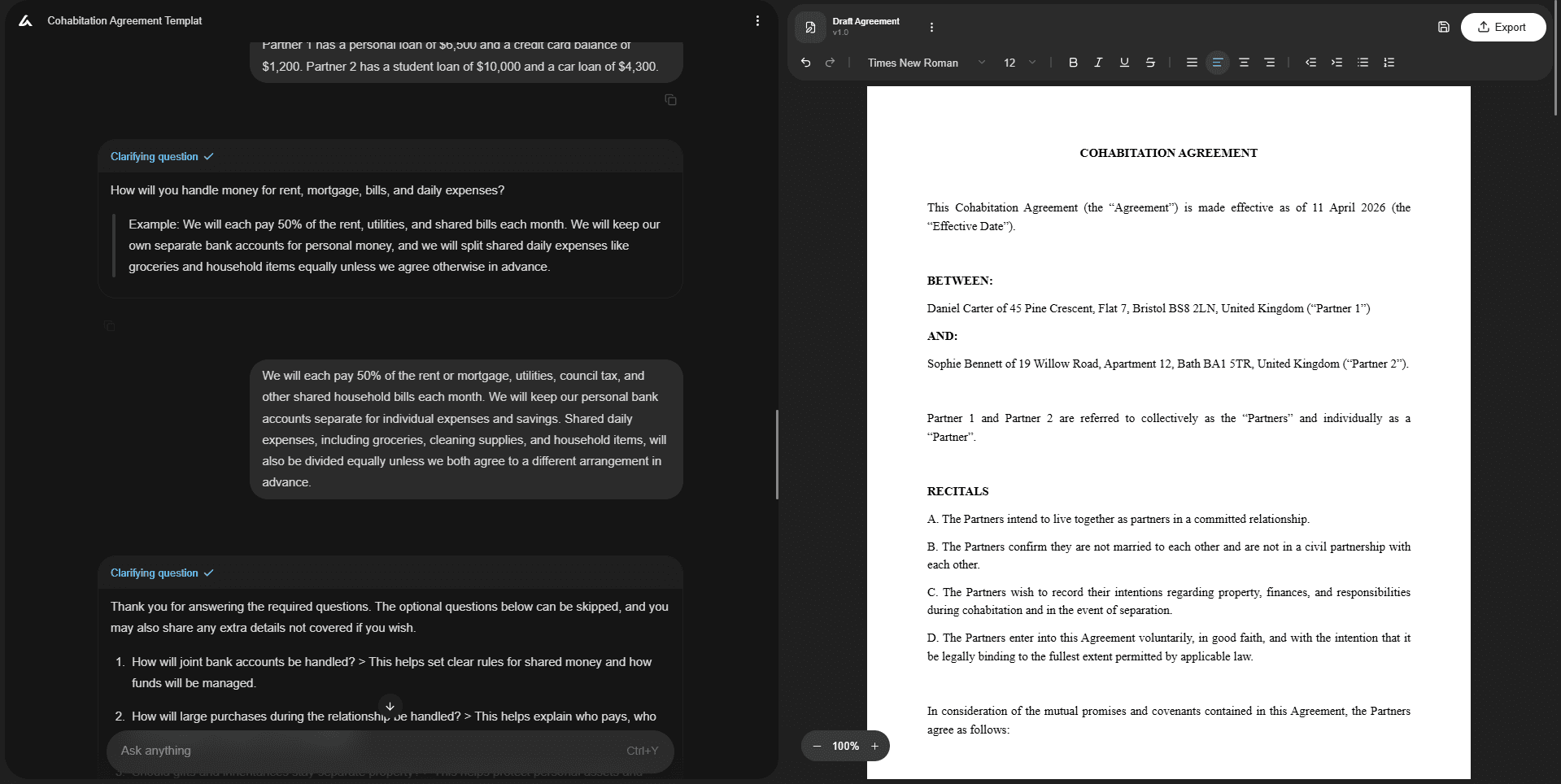 Screenshot of AI Lawyer creating a Cohabitation Agreement through guided questions, with the questions on the left and the draft document on the right.
