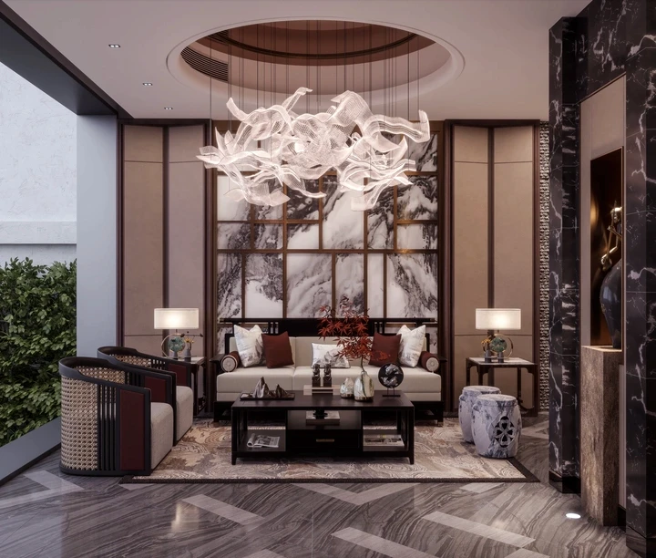 a living room filled with furniture and a large window