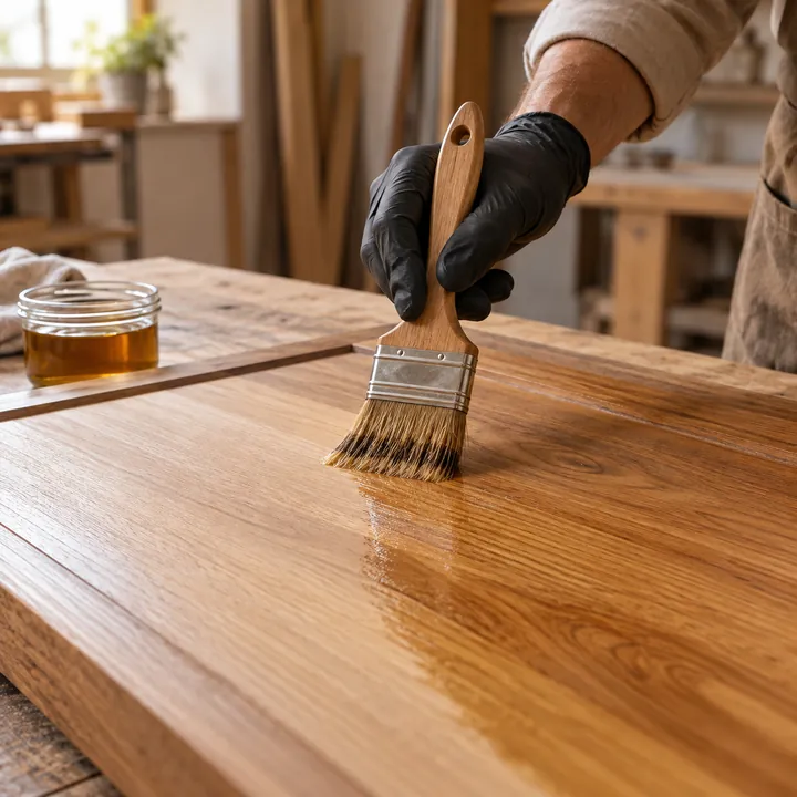 Aplicación de acabado con brocha sobre una superficie de madera.