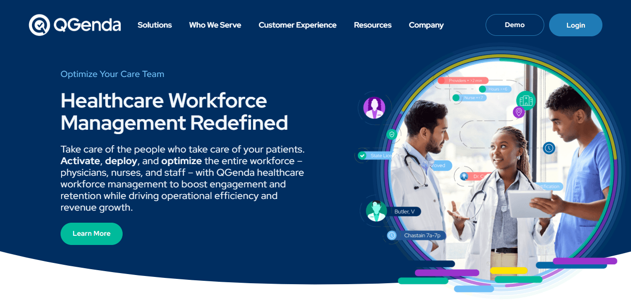 Homepage screenshot of QGenda showcasing the hero section and navigation bar