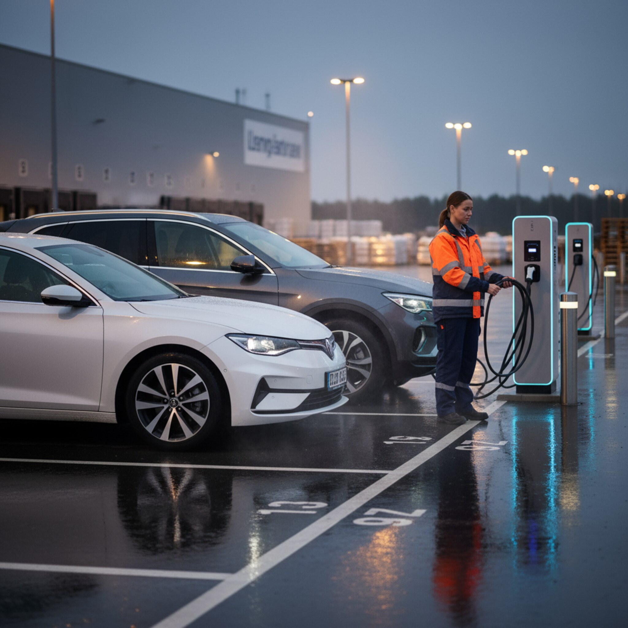 Am Abend leuchten zwei E-Fahrzeuge an nebeneinanderliegenden Ladepunkten, das blaue Licht der Stationen spiegelt sich auf nassem Asphalt. Eine Mitarbeiterin hängt ein Kabel ordentlich zurück in die Halterung. Ruhige Stimmung, klare Markierungen, bereit für die nächste Schicht.