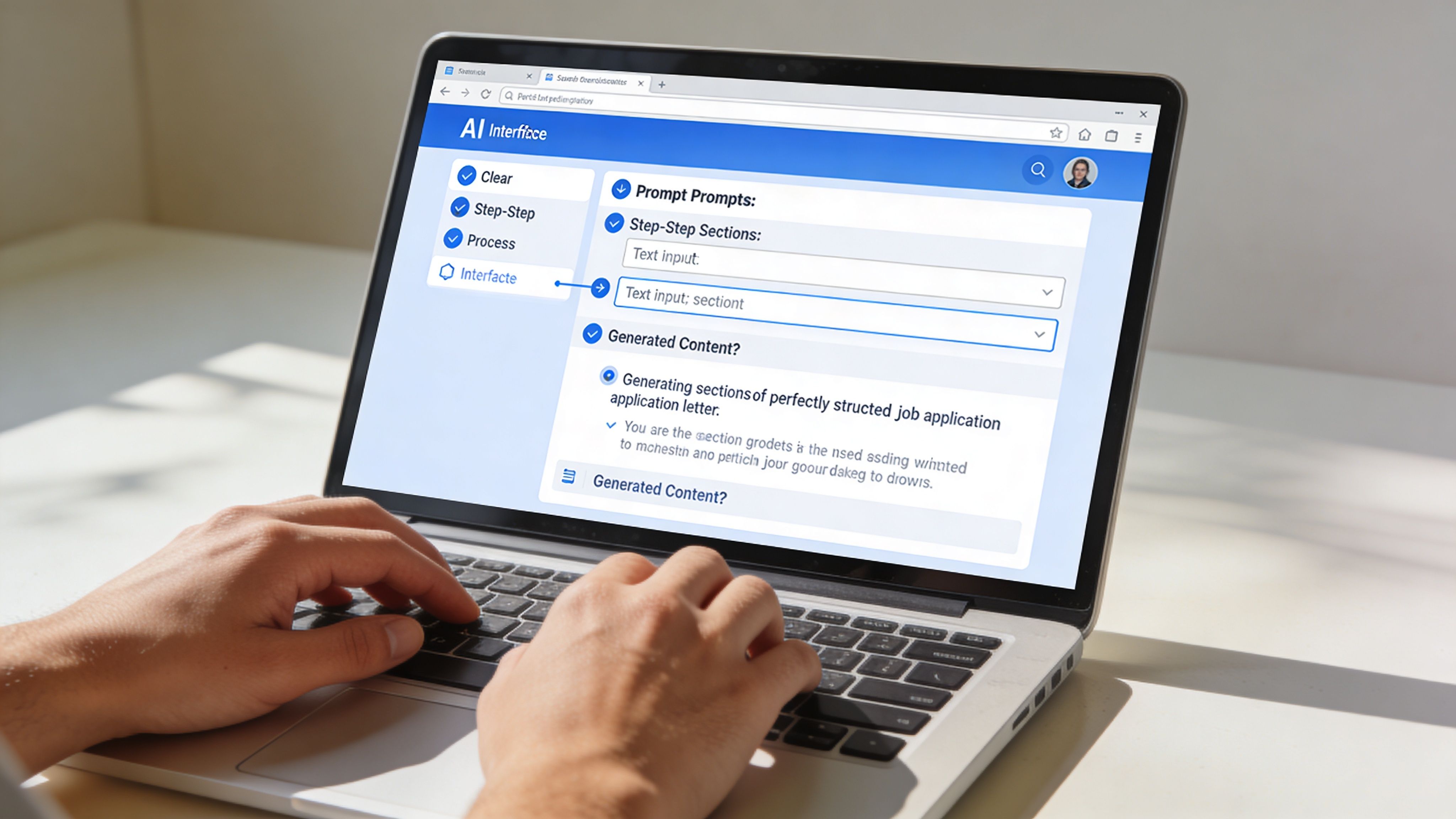 Ein Nutzer schreibt mit Hilfe einer Künstlichen Intelligenz auf einem Laptop ein strukturiertes Anschreiben für eine Bewerbung.