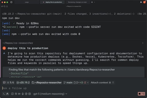 Warp AI development environment with code editor, terminal, and AI assistant helping to deploy to production by scanning repository for configuration.