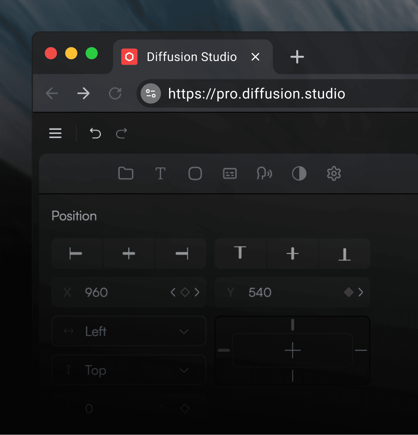 Browser window with Diffusion Studio open at pro.diffusion.studio, highlighting that video editing runs directly in the browser with no setup needed.