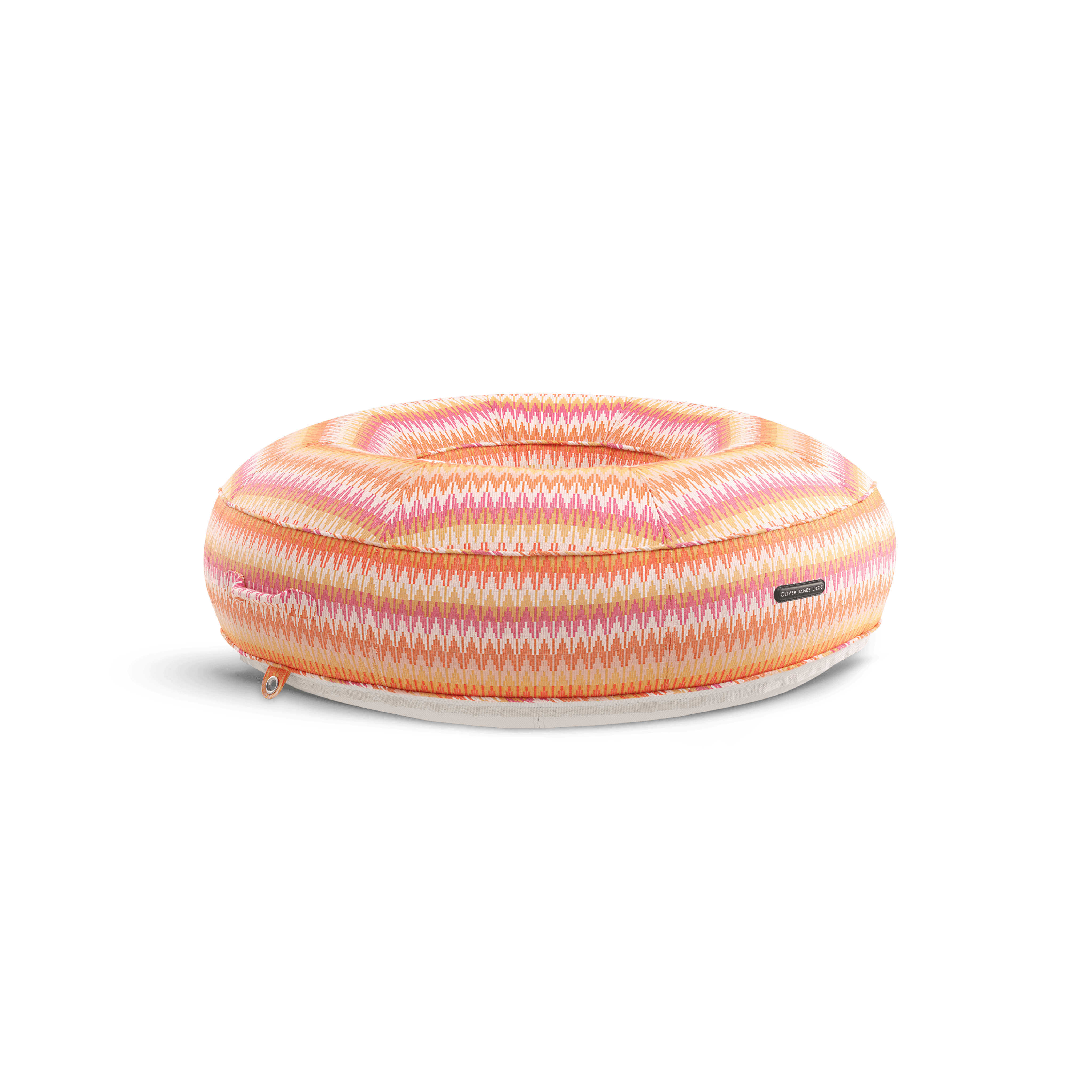 Ring-shaped luxury pool float in vibrant sunset-coloured chevron weave