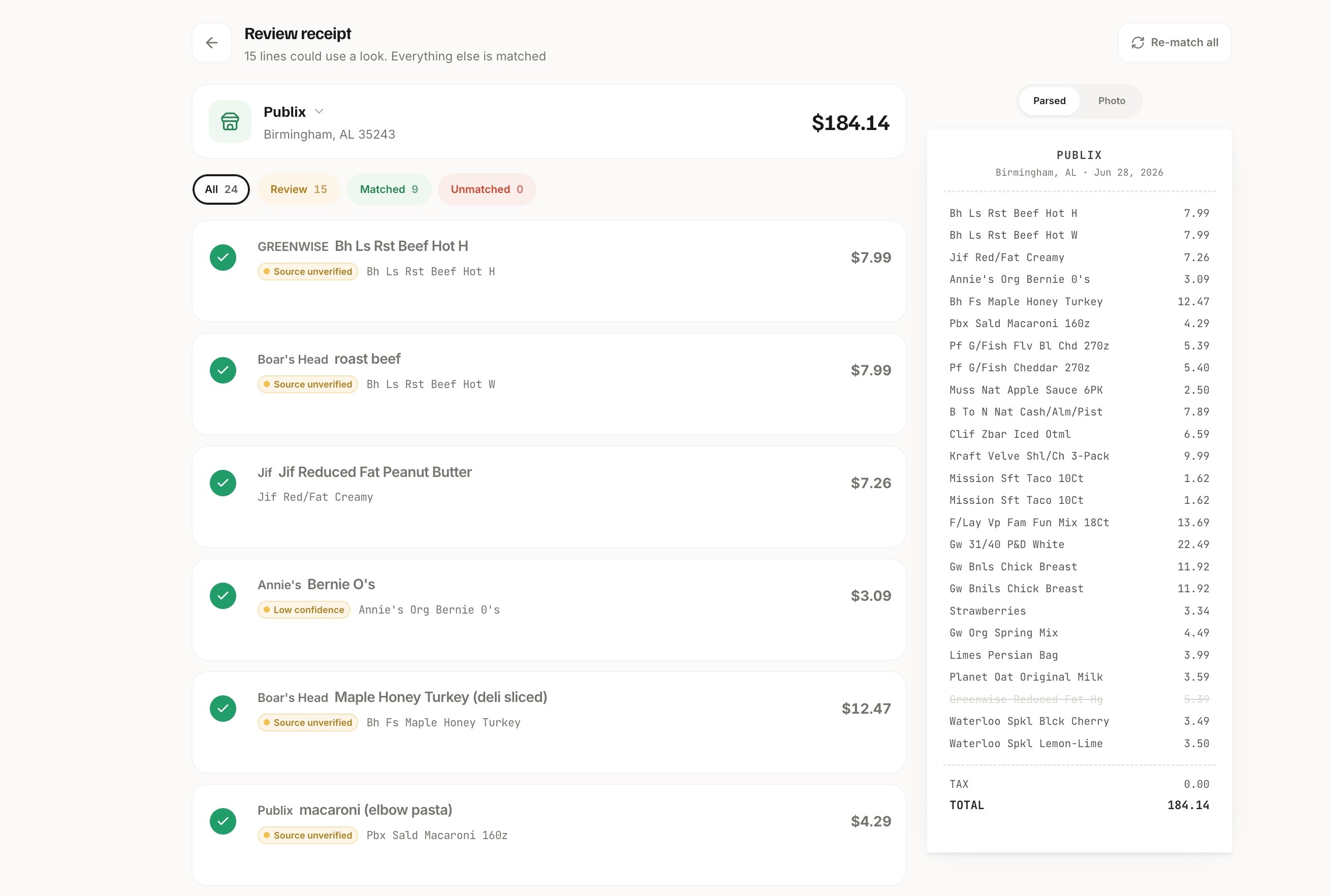 Haivenly receipt scanner adding groceries to household inventory