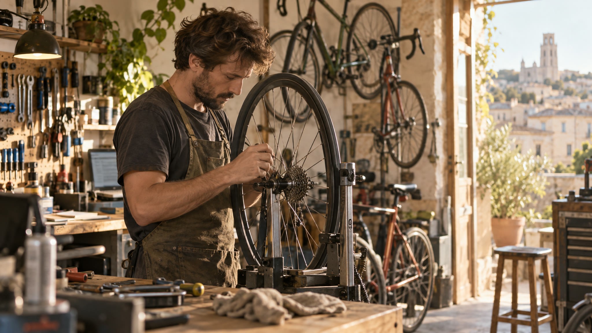 Réparateur de vélos indépendant dans son atelier à Montpellier