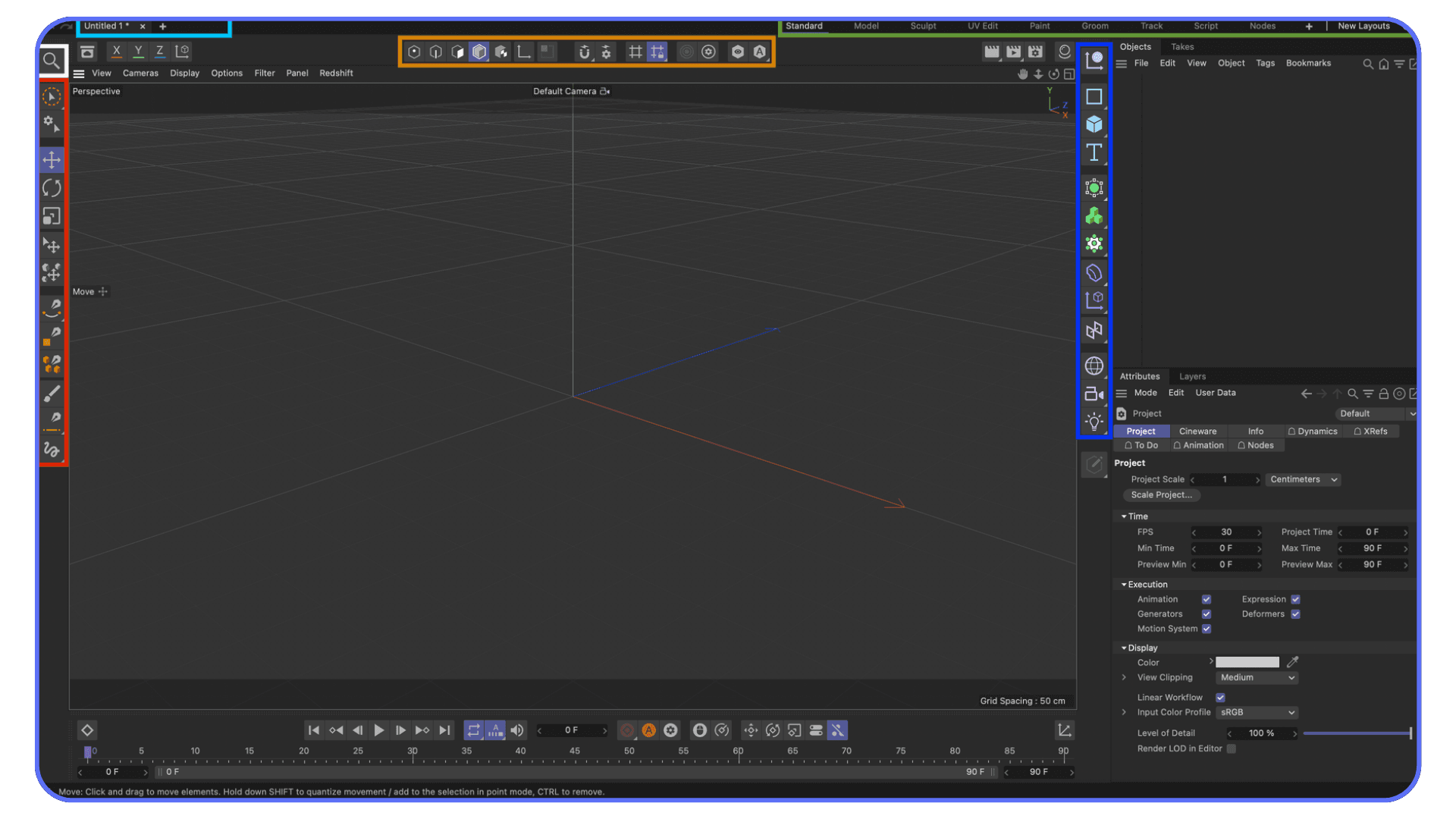 Empty Cinema 4D startup scene displaying the default perspective grid and interface layout