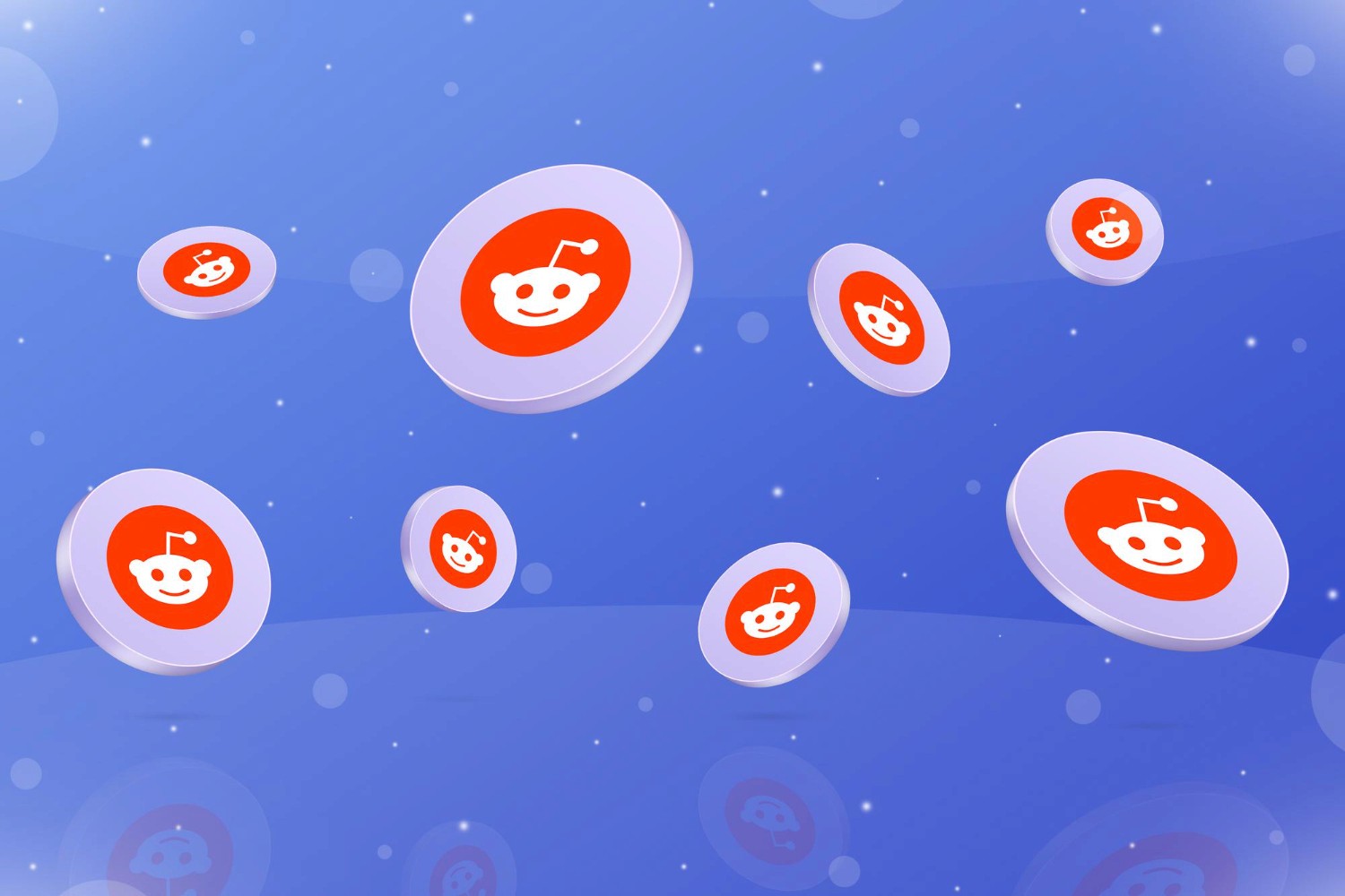 A collection of Reddit  icion suspended in mid-air, creating a vibrant and dynamic visual effect.