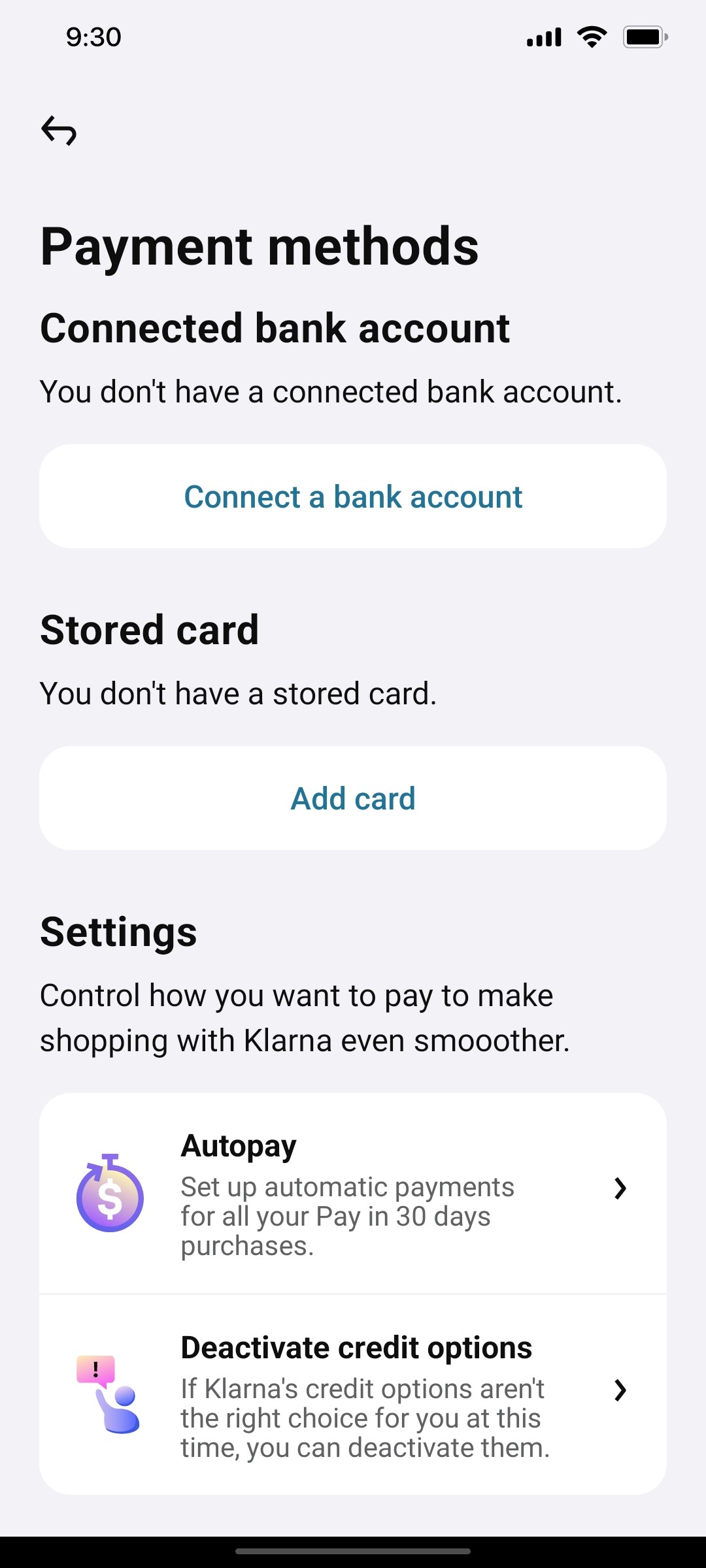 Klarna Payment Method page Screen