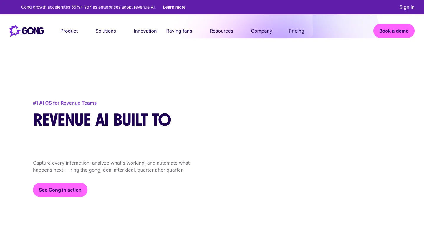 Gong homepage: revenue intelligence and conversation analytics platform for sales teams