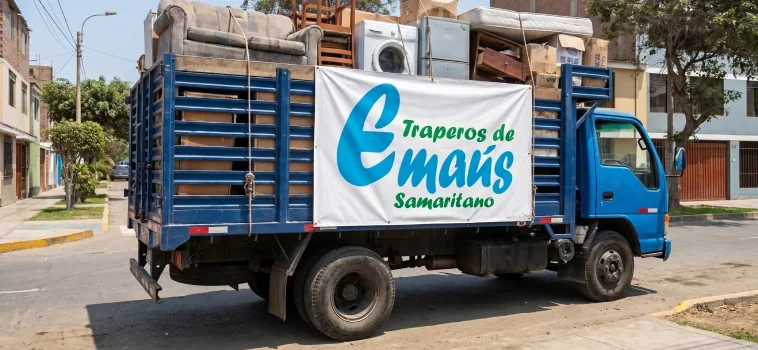 Camión de Traperos de Emaús cargado con donaciones y el logotipo de la institución.