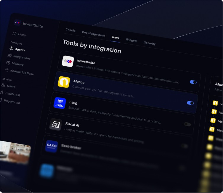 Charlie financial tools dashboard with institution-controlled integrations