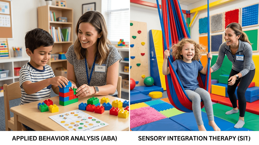 A split-screen style conceptual image. On the left, a focused child and therapist are working with colorful building blocks in a structured setting (representing ABA). On the right, a child is joyfully swinging in a soft, padded indoor therapy gym with tactile textures (representing SIT). Bright, professional photography, soft lighting, empathetic feel.